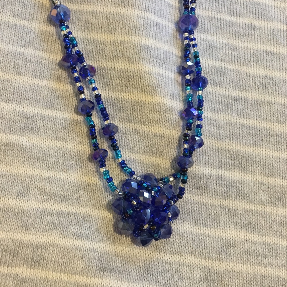 New Blue Beaded Flower Necklace